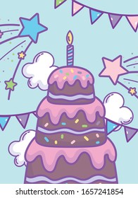 happy birthday chocolate cake with candle stars flags decoration celebration party vector illustration