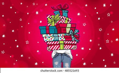 Happy birthday or christmas greeting card. Young woman in jeans holding a lot of gifts in boxes. Make a wish lettering. Hand drawn festive fashion illustration