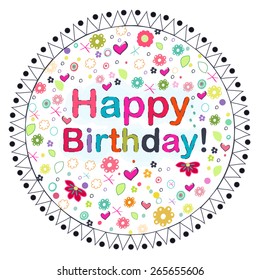 Happy Birthday circle greeting card with flowers
