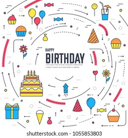  happy birthday circle infographics template concept. Icons design for your product or, web and mobile applications. Vector flat with long shadow illustration on isoleted background.