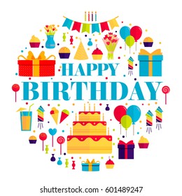 happy birthday circle infographics template concept. Icons design for your product or, web and mobile applications. Vector flat with long shadow illustration on isoleted background