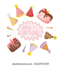 Happy birthday cirle frame. Birthday hats, cakes, party blowers vector clipart. Cartoon retro hand drawn illustration. 50s, 60s. Cute birthday card in bright colors on white backround