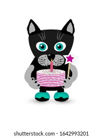 Happy birthday clip-art with cute black cat carrying cake with candle. Flat cartoon vector illustration isolated on white background. Funny cat icon for nursery design, print, post card, invitation.