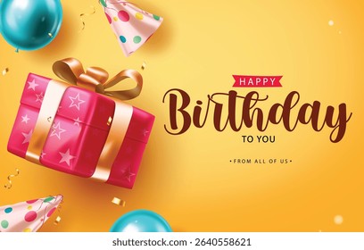 Happy Birthday Clipart Design with Gift Box, Balloons, Party Hats, and Golden Background for Celebration.