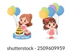 Happy birthday clipart. Girl on birthday with party hat, flowers, cute lovely dogs. Cute little kid on birthday party. Flat vector in cartoon style isolated on white background