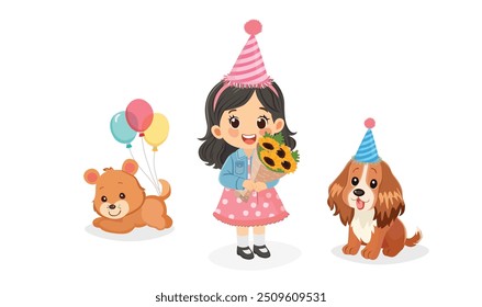 Happy birthday clipart. Girl on birthday with party hat, flowers, cute lovely dogs. Cute little kid on birthday party. Flat vector in cartoon style isolated on white background