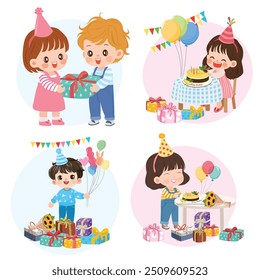 Happy birthday clipart. Birthday party vector. Cute little kid on birthday party with cake, flowers, gift box, party flags and balloons. Flat vector in cartoon style isolated on white background