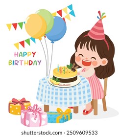 Feliz aniversário, Clipart. Vetor da festa de aniversário. Menina bonita na festa de aniversário com bolo, caixa de presente, bandeiras da festa e balões. Vetor plano em estilo de desenho animado isolado no fundo branco