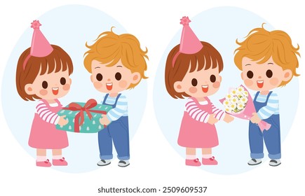 Happy birthday clipart. Birthday party vector. Cute little kid on birthday party with cake, flowers, gift box.  Giving present vector. Flat vector in cartoon style isolated on white background.