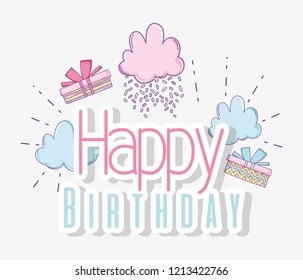 happy birthday with clouds and presents decoration