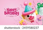 Happy birthday clown balloons vector design. Happy birthday greeting text with clown inflatable, gifts, cup cake and confetti elements for kids party pink background. Vector illustration birthday 