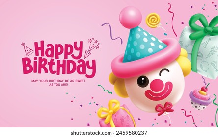 Feliz cumpleaños payaso globos diseño de Vector. Texto de felicitación de cumpleaños feliz con inflable de payaso, regalos, pastel de taza y Elementos de confeti para niños fiesta de fondo rosa. cumpleaños de Ilustración vectorial 