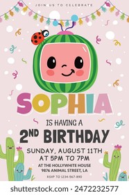 Happy Birthday Cocomelon Invitation. Thank you card and Birthday Card Vector