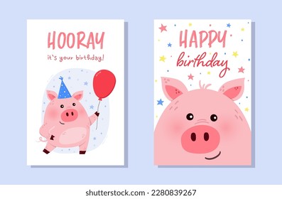 Happy birthday. Collection of cards with funny pig. Vector illustration