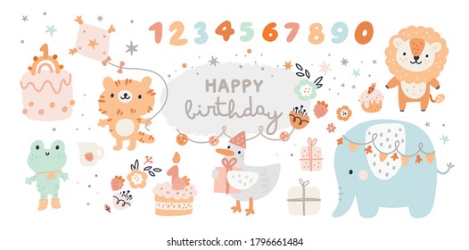 Happy birthday collection with cartoon animals. Baby shower celebration design elements: rainbow, cartoon animals, cakes, flowers. Ideal for kids cards, poster, prints, anniversary, invitation