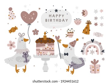 Happy birthday collection with cartoon animals. Baby shower celebration design elements: rainbow, cartoon animals, birds, cakes, flowers. Ideal for kids cards, poster, prints, anniversary, invitation