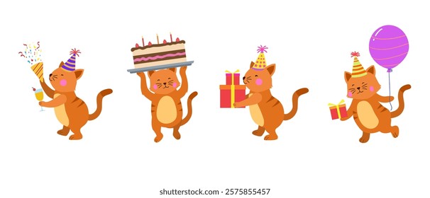 Happy birthday collection with cartoon cat characters. Birthday party vector illustration for greeting cards, invitations, events, posters, stickers, prints.