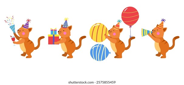 Happy birthday collection with cartoon cat characters. Birthday party vector illustration for greeting cards, invitations, events, posters, stickers, prints.