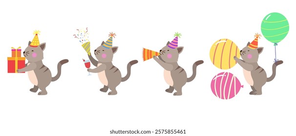 Happy birthday collection with cartoon cat characters. Birthday party vector illustration for greeting cards, invitations, events, posters, stickers, prints.