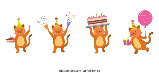 Happy birthday collection with cartoon cat characters. Birthday party vector illustration for greeting cards, invitations, events, posters, stickers, prints.