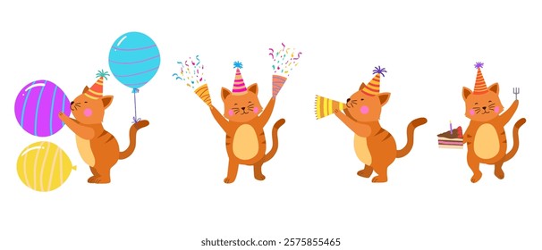 Happy birthday collection with cartoon cat characters. Birthday party vector illustration for greeting cards, invitations, events, posters, stickers, prints.