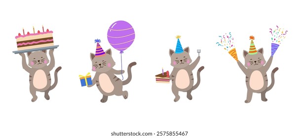 Happy birthday collection with cartoon cat characters. Birthday party vector illustration for greeting cards, invitations, events, posters, stickers, prints.