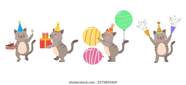 Happy birthday collection with cartoon cat characters. Birthday party vector illustration for greeting cards, invitations, events, posters, stickers, prints.