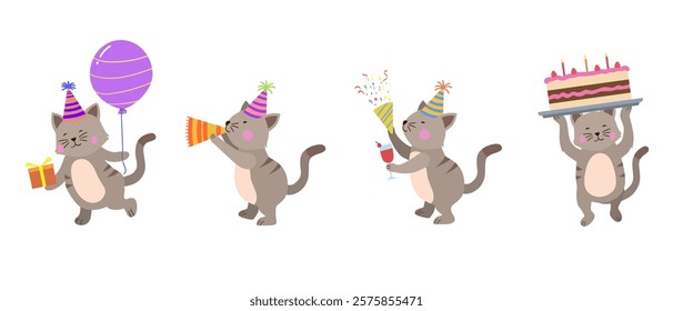 Happy birthday collection with cartoon cat characters. Birthday party vector illustration for greeting cards, invitations, events, posters, stickers, prints.