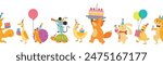 Happy birthday collection with cartoon character animals. Birthday party vector illustration for greeting card, invitation, event, poster, sticker, prints.