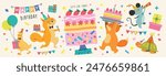 Happy birthday collection with cartoon character animals. Birthday party vector illustration for greeting card, invitation, event, poster, sticker, prints.