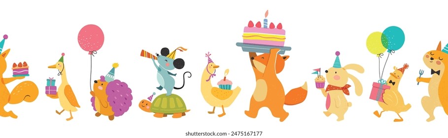 Feliz cumpleaños colección con animales de dibujos animados. Ilustración vectorial de fiesta de cumpleaños para tarjeta de felicitación, invitación, evento, póster, pegatina, impresiones.