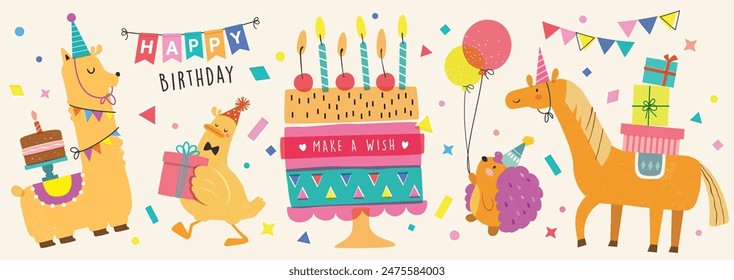 Feliz cumpleaños colección con animales de dibujos animados. Ilustración vectorial de fiesta de cumpleaños para tarjeta de felicitación, invitación, evento, póster, pegatina, impresiones.