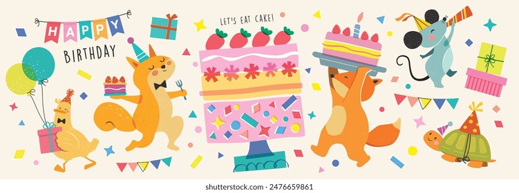 Happy birthday collection with cartoon character animals. Birthday party vector illustration for greeting card, invitation, event, poster, sticker, prints.