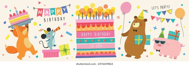 Feliz cumpleaños colección con animales de dibujos animados. Ilustración vectorial de fiesta de cumpleaños para tarjeta de felicitación, invitación, evento, póster, pegatina, impresiones.