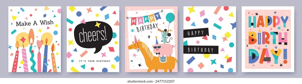 Happy birthday collection with cartoon character animals, candles, colorful confetti and typography design. Birthday party vector illustration for greeting card, invitation, poster, sticker, prints.