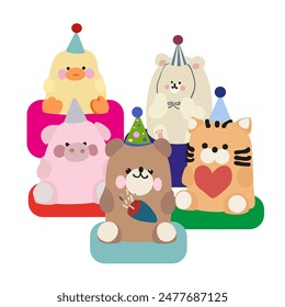 Happy birthday collection with cartoon character animals. Hand drawn vector Birthday card with cute cartoon toys. Vector festive teddy bear, cat, pig, duck and bunny. Animals birthday card