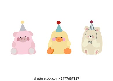 Happy birthday collection with cartoon character animals. Hand drawn vector Birthday card with cute cartoon toys. Vector festive teddy bear, cat, pig, duck and bunny. Animals birthday card