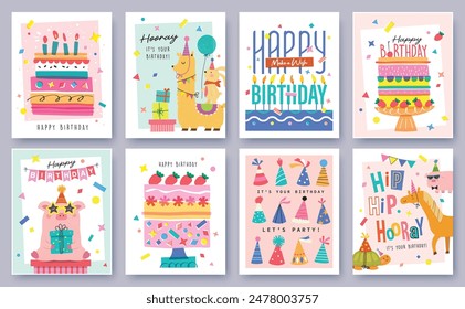 Happy birthday collection with cartoon character animals, cakes and colorful confetti. Birthday party vector illustration for greeting card, gift tag, invitation, poster, sticker, prints.