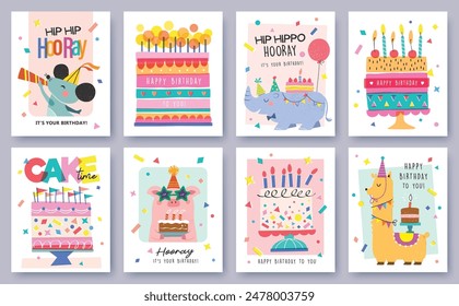 Happy birthday collection with cartoon character animals, cakes and colorful confetti. Birthday party vector illustration for greeting card, gift tag, invitation, poster, sticker, prints.