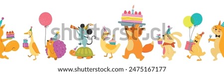 Happy birthday collection with cartoon character animals. Birthday party vector illustration for greeting card, invitation, event, poster, sticker, prints.