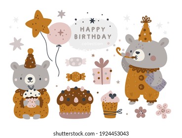 Happy birthday collection with cartoon teddy bear animals. Celebration boho design elements: rainbow, cartoon animals, birds, cakes, flowers. Ideal for kids cards,  prints, anniversary, invitation