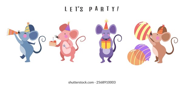 Happy birthday collection with colorful cartoon mouse characters. Birthday party vector illustration for greeting cards, invitations, events, posters, stickers, prints.