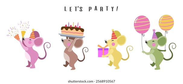 Happy birthday collection with colorful cartoon mouse characters. Birthday party vector illustration for greeting cards, invitations, events, posters, stickers, prints.