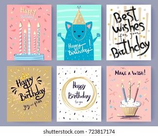 Happy Birthday Collection Of Creative Greeting Postcards With Inscriptions. Vector Illustration Of Cake With Candle And Blue Cartoon Cat Wearing Hat