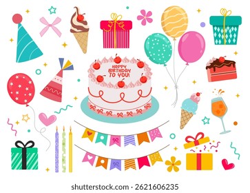 Happy birthday collection with cute birthday elements and cakes. Birthday party vector illustration for greeting card, invitation, event, poster, sticker, prints.