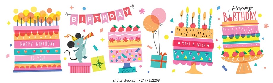 Happy birthday collection with cute little mouse and cakes. Birthday party vector illustration for greeting card, invitation, event, poster, sticker, prints.