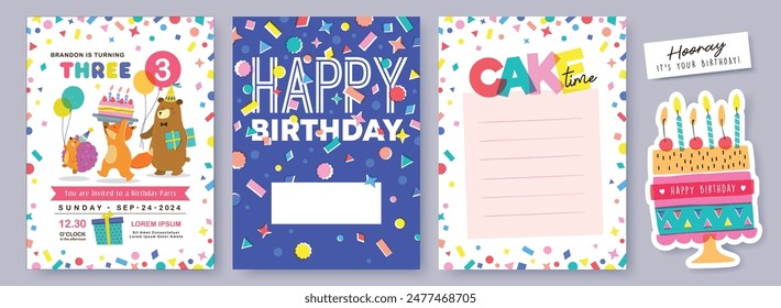 Happy birthday collection with cute little hedgehog, fox, bear, balloons, cakes and colorful confetti. Birthday party vector illustration for greeting card, invitation, poster, sticker, gift tag