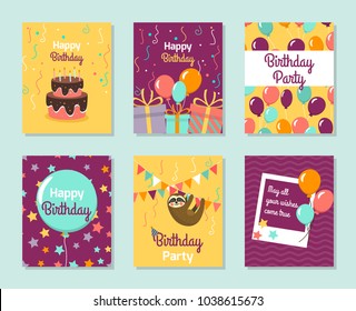 Happy Birthday Collection greeting templates. Invitation cards to the party. Vector banners with cake, balloons, gifts. Card with cute small sloth.