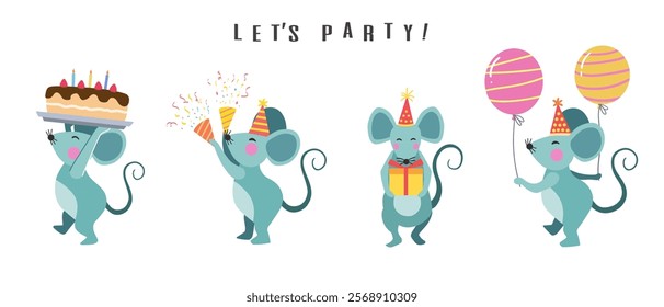 Happy birthday collection with mouse cartoon character. Birthday party vector illustration for greeting card, invitation, event, poster, sticker, prints.