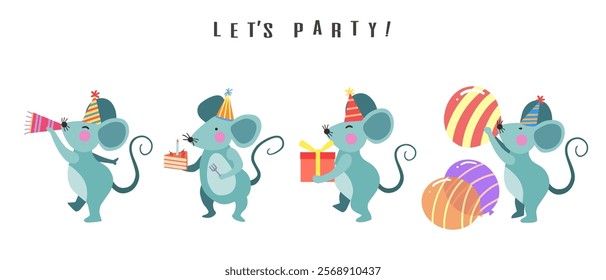 Happy birthday collection with mouse cartoon character. Birthday party vector illustration for greeting card, invitation, event, poster, sticker, prints.